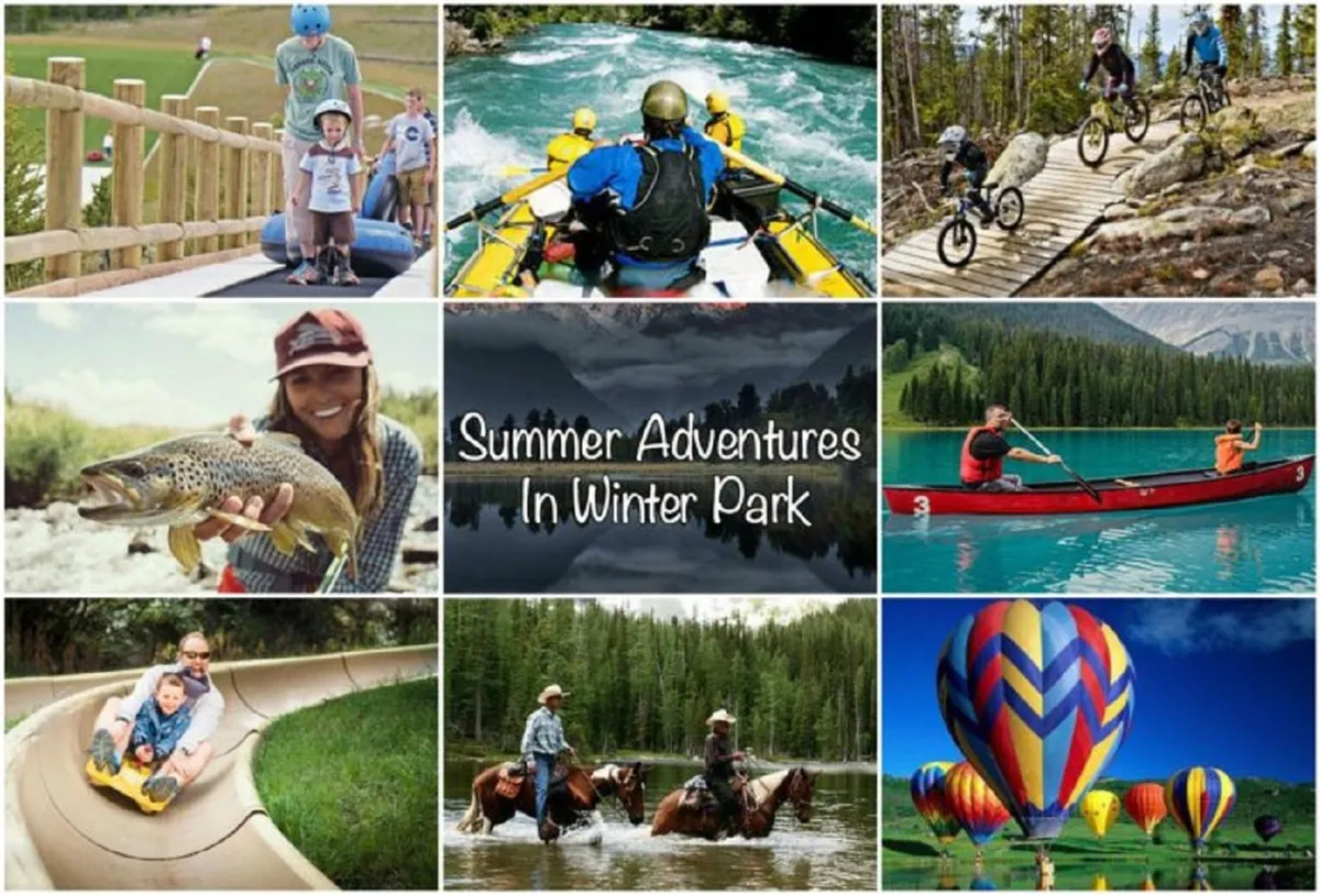 A vibrant collage of families participating in a wide range of outdoor adventures, including rafting, biking, horseback riding, water sliding, fishing, and kayaking. The scene also includes picturesque landscapes and colorful hot air balloons, capturing the diversity of experiences available in different seasons.