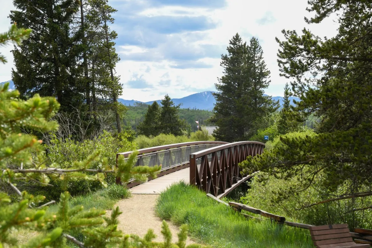 A tranquil wooden bridge set among lush greenery with distant mountain views, surrounded by trees and wildflowers. The scene invites visitors to walk, bike, or simply enjoy the serenity of the outdoors, evoking the sense of nearby scenic trails just outside your door.