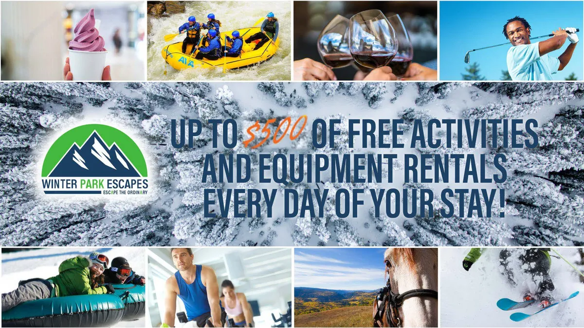 A vibrant interior collage-style image featuring illustrations or photos of rafting, skiing, horseback riding, golfing, ice cream, and wine—representing an array of seasonal adventures and après-activity relaxation.